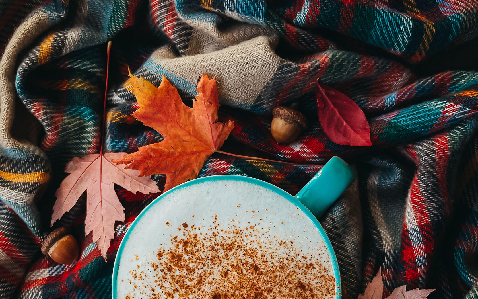 Overhead of pumpkin spice latte on plaid fall scarf with leaves