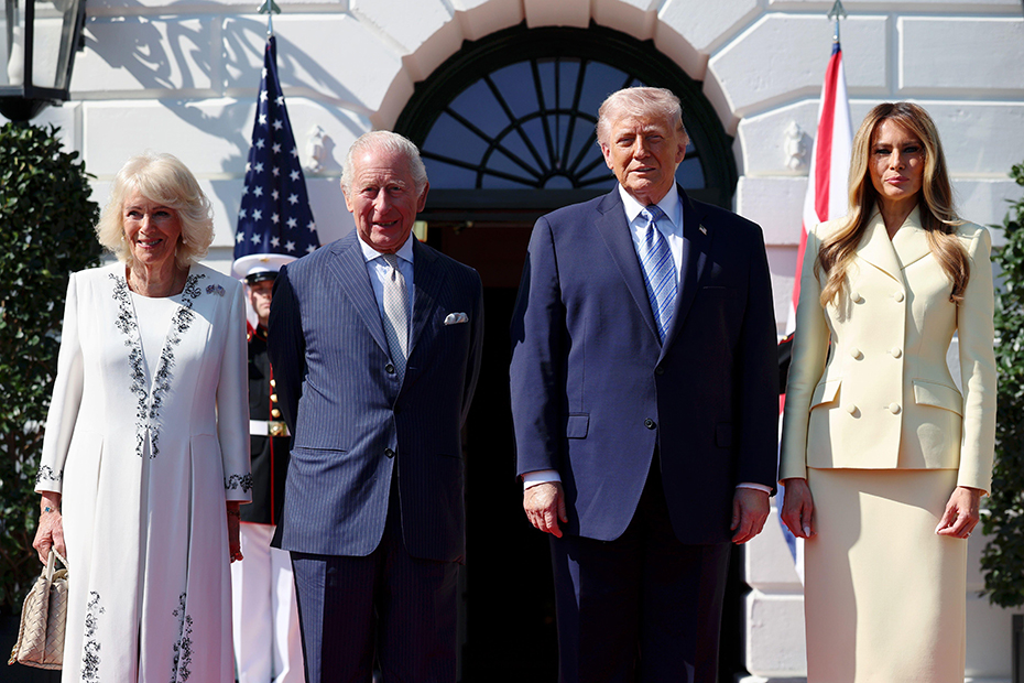 King Charles III and Queen Camilla are greeted by US President Donald Trump and First Lady Melania Trump at the White House in Washington DC.