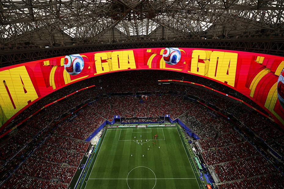 Spain players celebrate after a goal during the World Cup Group H soccer match between Spain and Saudi Arabia in Atlanta