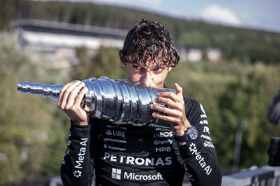 Andrea Kimi Antonelli of Italy and Mercedes-AMG PETRONAS F1 Team celebrates after the Formula One Belgian Grand Prix 
