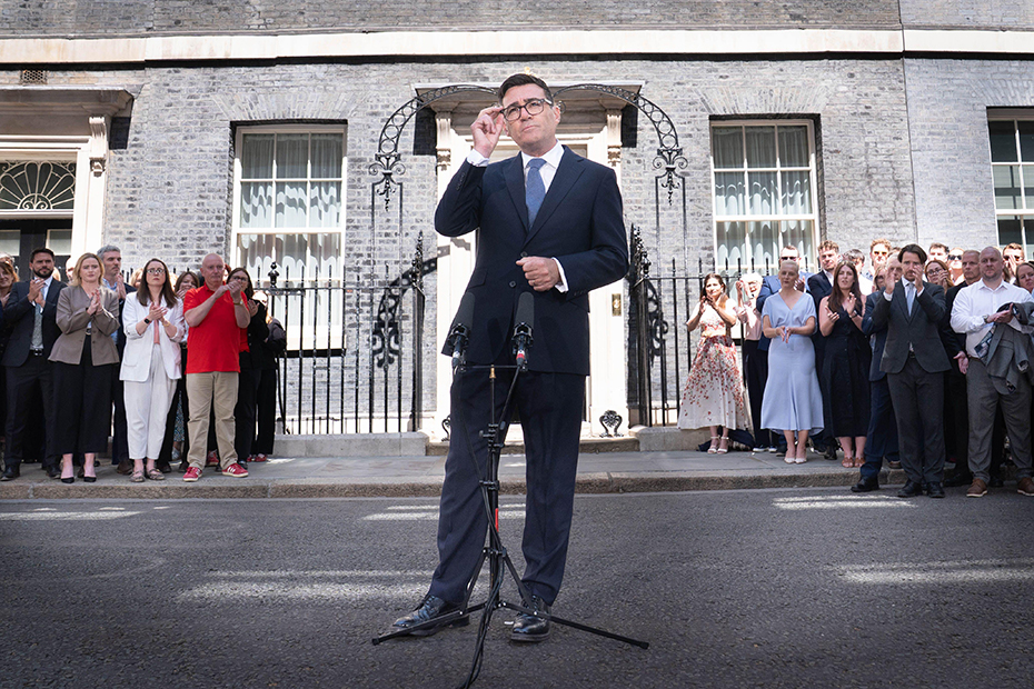 New Prime Minister Andy Burnham makes a speech outside 10 Downing Street, London