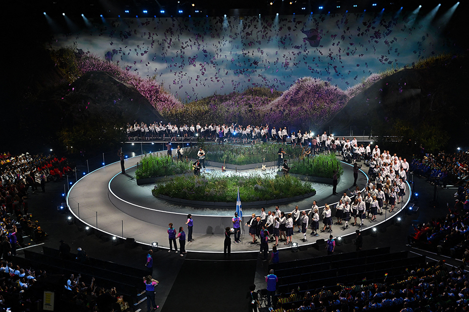 Scotland walk into the stadium during the Opening Ceremony of the Glasgow 2026 Commonwealth Games at The Hydro in Glasgow, Scotland
